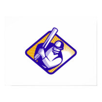 Cricket Player Batting Front Retro Woodcut Poster