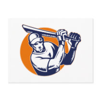 cricket sport player batsman batting retro woodcut postcard