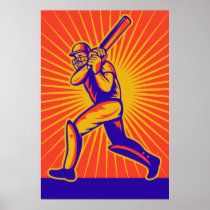 cricket sports batsman batting retro poster