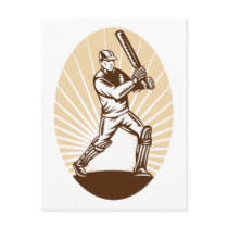 cricket sports player batsman batting woodcut postcard