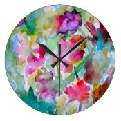 Blue Green Colorful Flower Garden Watercolor Abstract Round Clock
