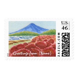 Crimson Kochia Bushes Mt Fuji Lake Fall Watercolor Postage Stamps
