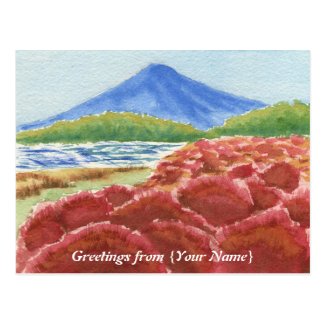 Crimson Kochia Bushes Mt Fuji Lake Watercolor Postcards