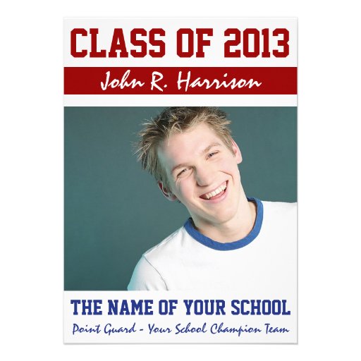 Crimson Red and Blue Athletes Photo Gradutaion Personalized Invite