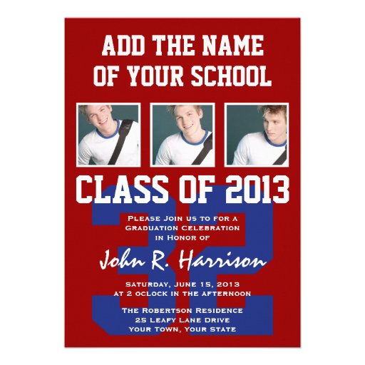 Crimson Red and Blue Athletes Photo Gradutaion Personalized Invite (front side)