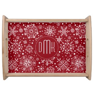 Crimson Red & White Abstract Christmas Snowflakes Food Tray