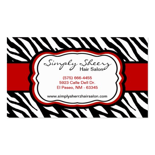 Crimson Red Zebra Print Hair Salon Business Card (front side)
