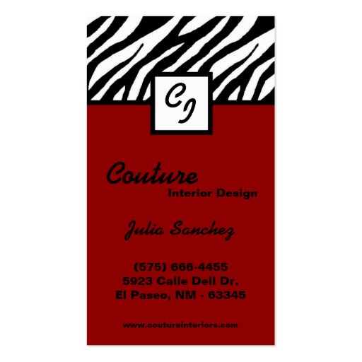 Crimson Red Zebra Print Personalize Business Card (front side)