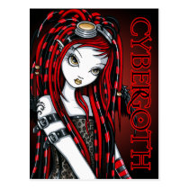 cybergoth, goth, gothic, cyber, toxic, cyberlox, cyberfalls, dreads, goggles, red, fantasy, crimson, art, mykajelina, myka, Cartão postal com design gráfico personalizado