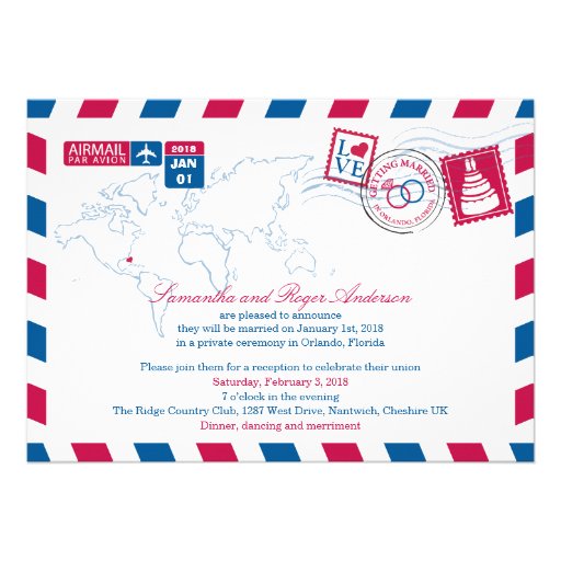 Croatia Air Mail Post Wedding Reception Personalized Announcements