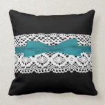 crochet lace effect aqua ribbon damask throw pillows