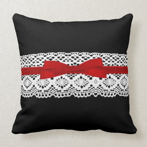 crochet lace effect red ribbon damask throw pillow