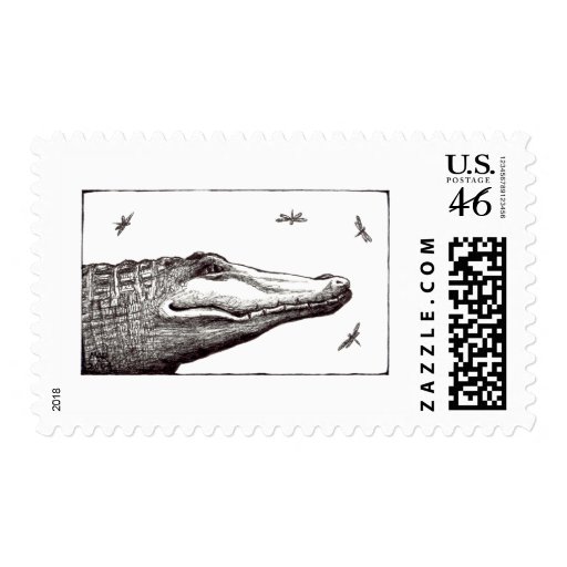 Crocodile alligator dragonflies fun art drawing postage stamps