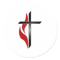 CROSS & FLAME ROUND STICKER