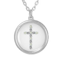 Cross of Silver and White Roses Necklace