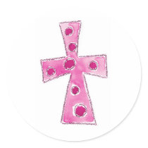 Cross Pink Polka Dots Round Sticker