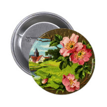 Cross, Wild Roses and Church Vintage Easter Pinback Button