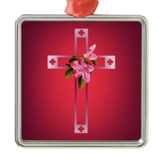 Cross with Azalea Flowers Easter Christmas Ornament