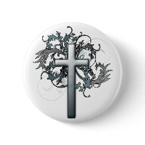 Cross with floral graphics pinback button