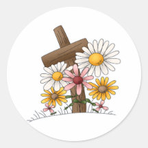 Cross with Flowers Round Stickers