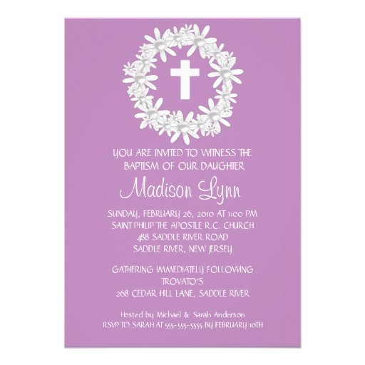 Cross Wreath Baby Girl Baptism Inviation Personalized Invitations