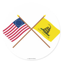 Crossed Betsy Ross and Gadsden Flags Round Stickers