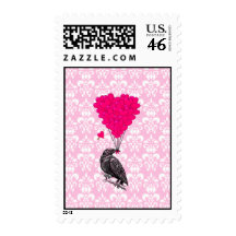 Crow and heart on pink damask stamp