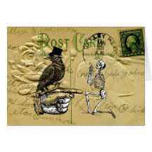 Crow and skeleton greeting card