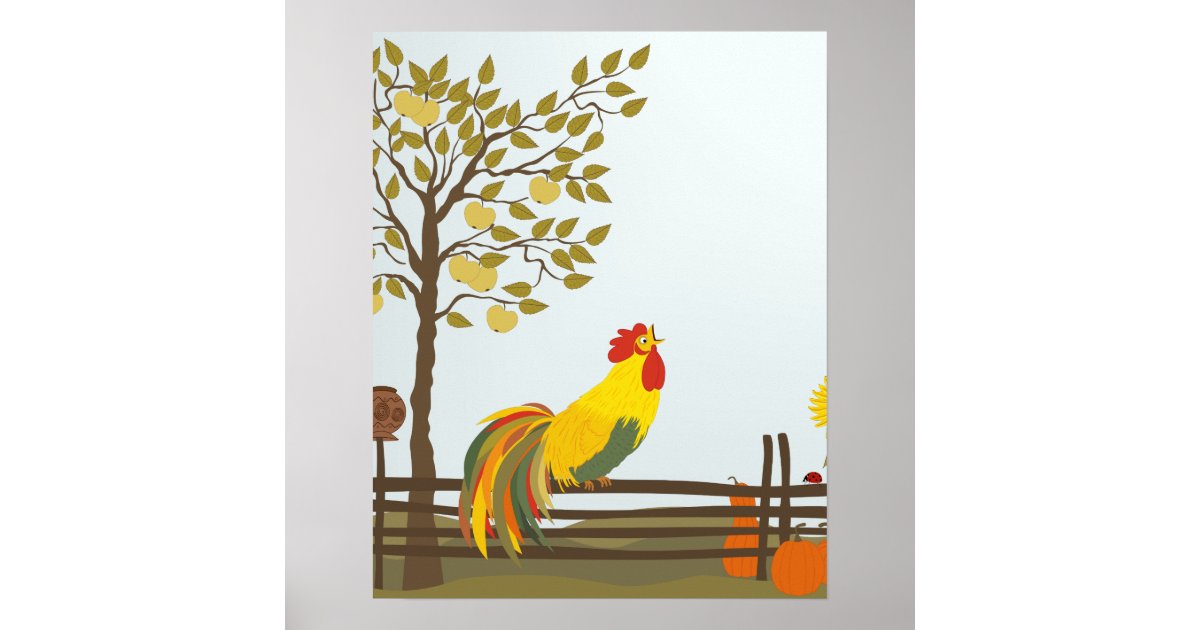 Crowing Rooster on Fence Poster | Zazzle