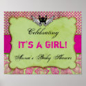 Crown and Wings Pink and Green Baby Shower Sign posters