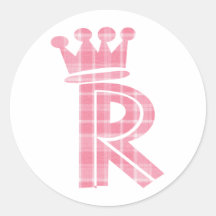 CROWN INITIALS PINK R ROUND STICKER