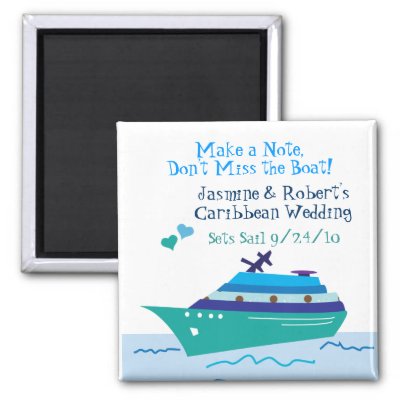 Cruise ship themed save the wedding date magnets for couples having a cruise