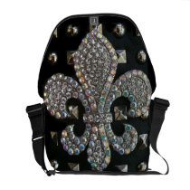 CRYSTAL FLEUR DE LIS ON BLACK WITH STUDS MESSENGER BAG