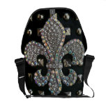 CRYSTAL FLEUR DE LIS ON BLACK WITH STUDS MESSENGER BAG