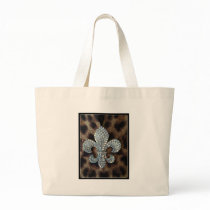 CRYSTAL FLEUR DE LIS ON LEOPARD BORDER PRINT TOTE BAGS
