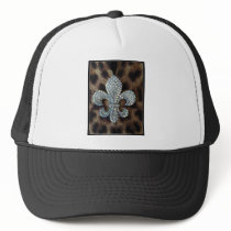 CRYSTAL FLEUR DE LIS ON LEOPARD BORDER PRINT MESH HATS