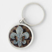 CRYSTAL FLEUR DE LIS ON LEOPARD BORDER PRINT KEYCHAINS