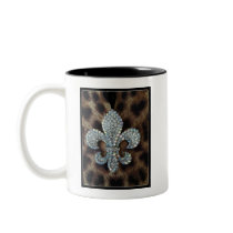 CRYSTAL FLEUR DE LIS ON LEOPARD BORDER PRINT COFFEE MUG