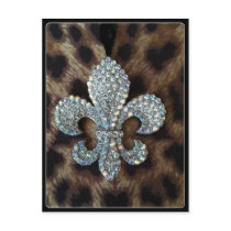 CRYSTAL FLEUR DE LIS ON LEOPARD BORDER PRINT POSTCARD