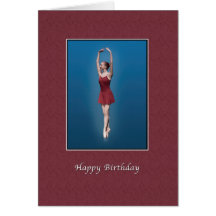 Cumpleaños, bailarina en rojo en tarjeta de felici