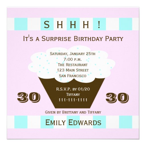 Cupcake 30th Surprise Birthday Party Invitation (front side)