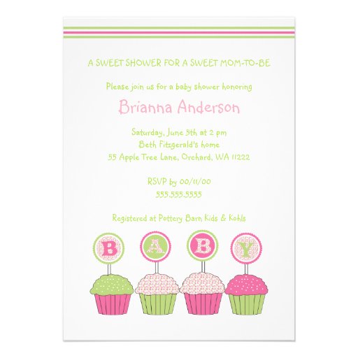 Cupcake BABY Shower Invite Pink and Green Girl