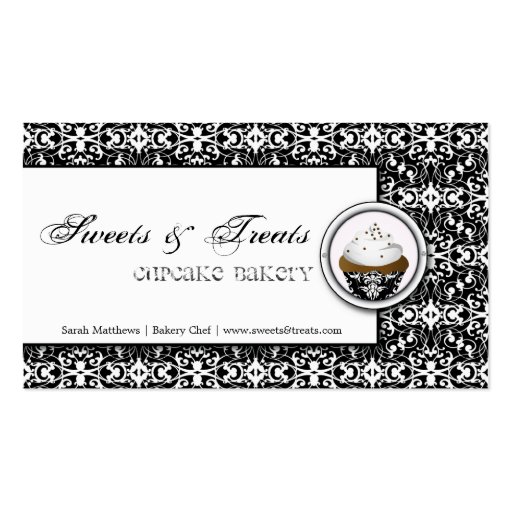 Cupcake Bakery Black White Damask Business Card (front side)