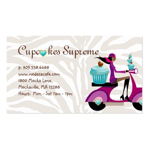 Cupcake Bakery Business Card Scooter Girl AA Zebra (back side)