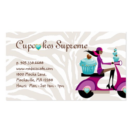 Cupcake Bakery Cute Scooter Girl Zebra Modern Business Card Templates (back side)