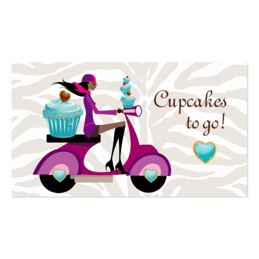 Cupcake Bakery Cute Scooter Girl Zebra Modern Business Card Templates (front side)