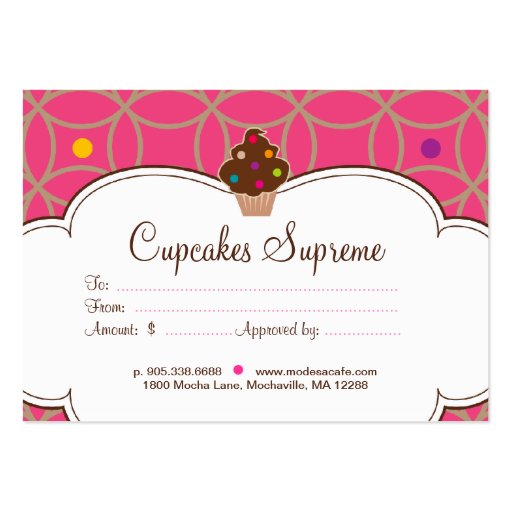 Cupcake Bakery Gift Certificate Dots Pink White Business Card Template (front side)