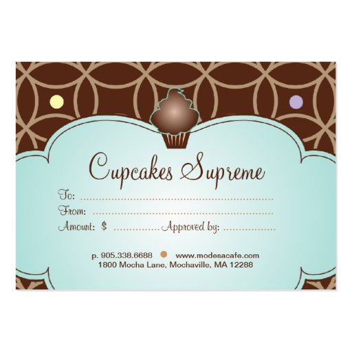 Cupcake Bakery Gift Certificate Dots White Blue Business Cards (back side)