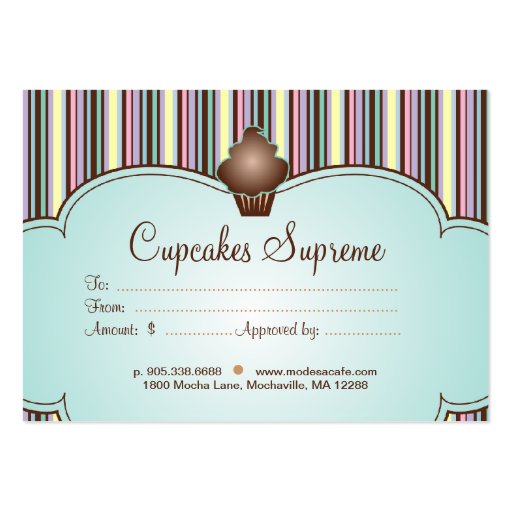 Cupcake Bakery Gift Certificate Stripes White Blue Business Card Template (back side)