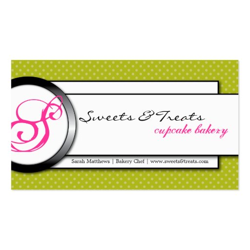 Cupcake Bakery Green Pink Monogram Business Card (front side)